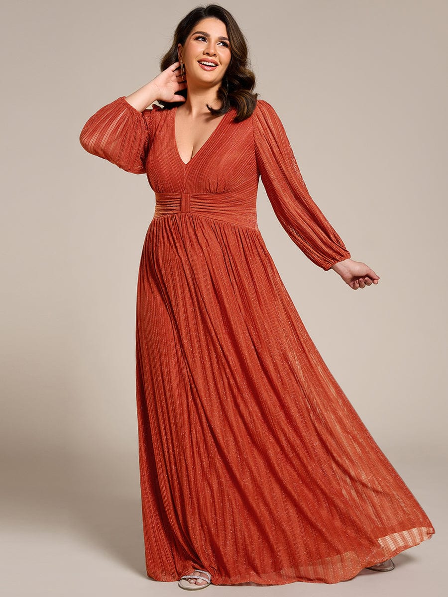 Sparkle Long Sleeve Formal Evening Dress with A-line Silhouette #color_Burnt Orange