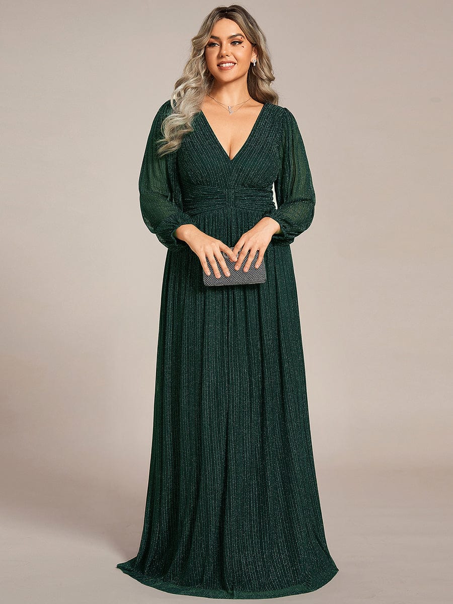 Sparkle Long Sleeve Formal Evening Dress with A-line Silhouette #color_Dark Green