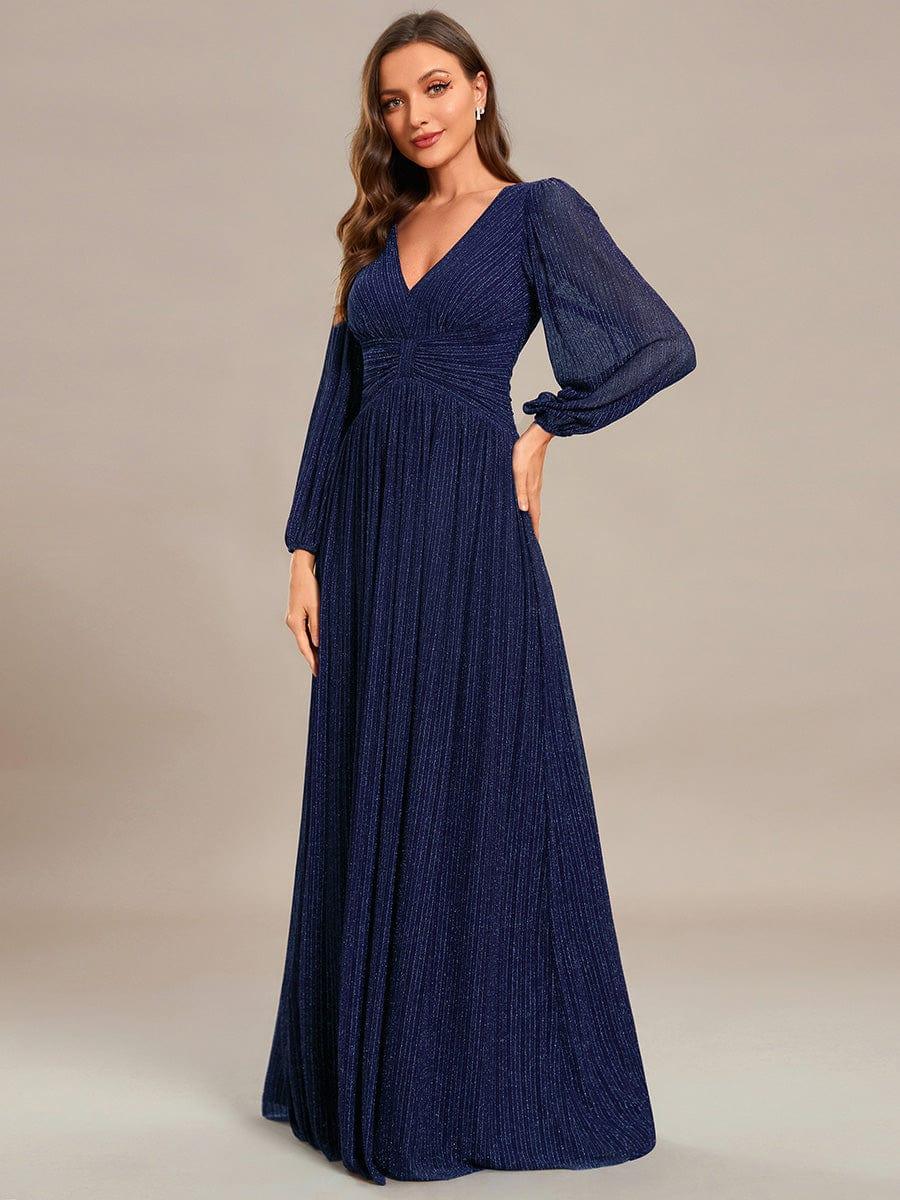 Sparkle Long Sleeve Wedding Guest Dress with A-line Silhouette #color_Navy Blue