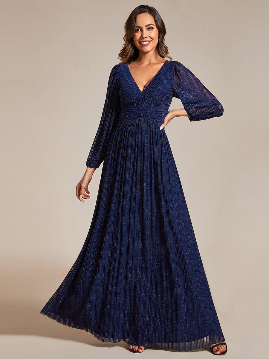 Sparkle Long Sleeve Formal Evening Dress with A-line Silhouette #color_Navy Blue