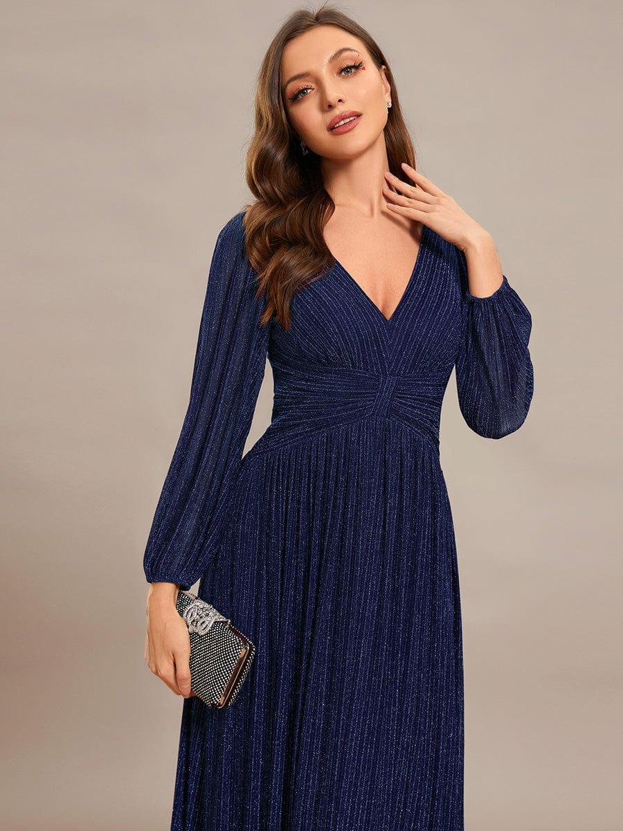 Sparkle Long Sleeve Wedding Guest Dress with A-line Silhouette #color_Navy Blue