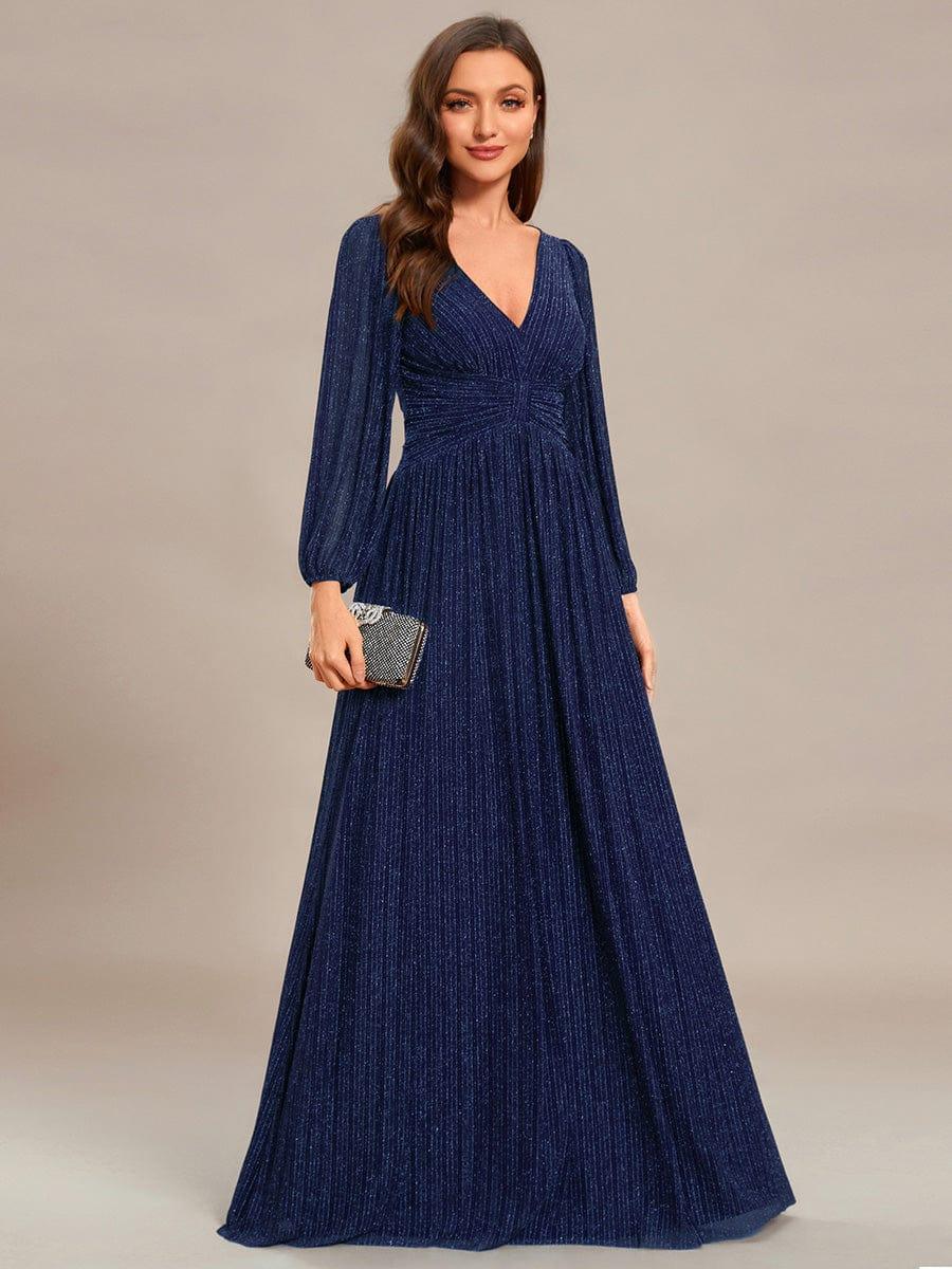 Sparkle Long Sleeve Wedding Guest Dress with A-line Silhouette #color_Navy Blue