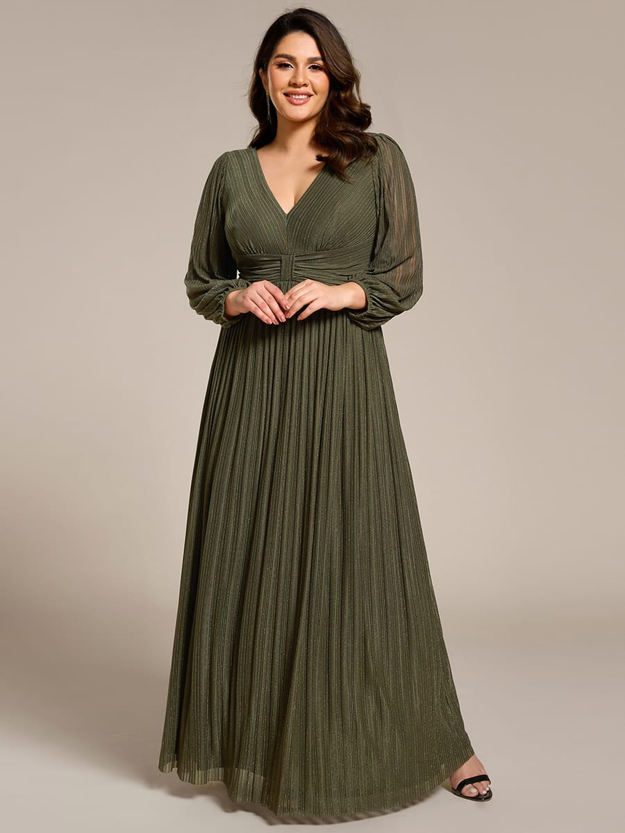 Sparkle Long Sleeve Wedding Guest Dress with A-line Silhouette #color_Olive Green