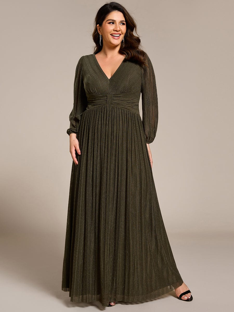 Sparkle Long Sleeve Formal Evening Dress with A-line Silhouette #color_Olive Green
