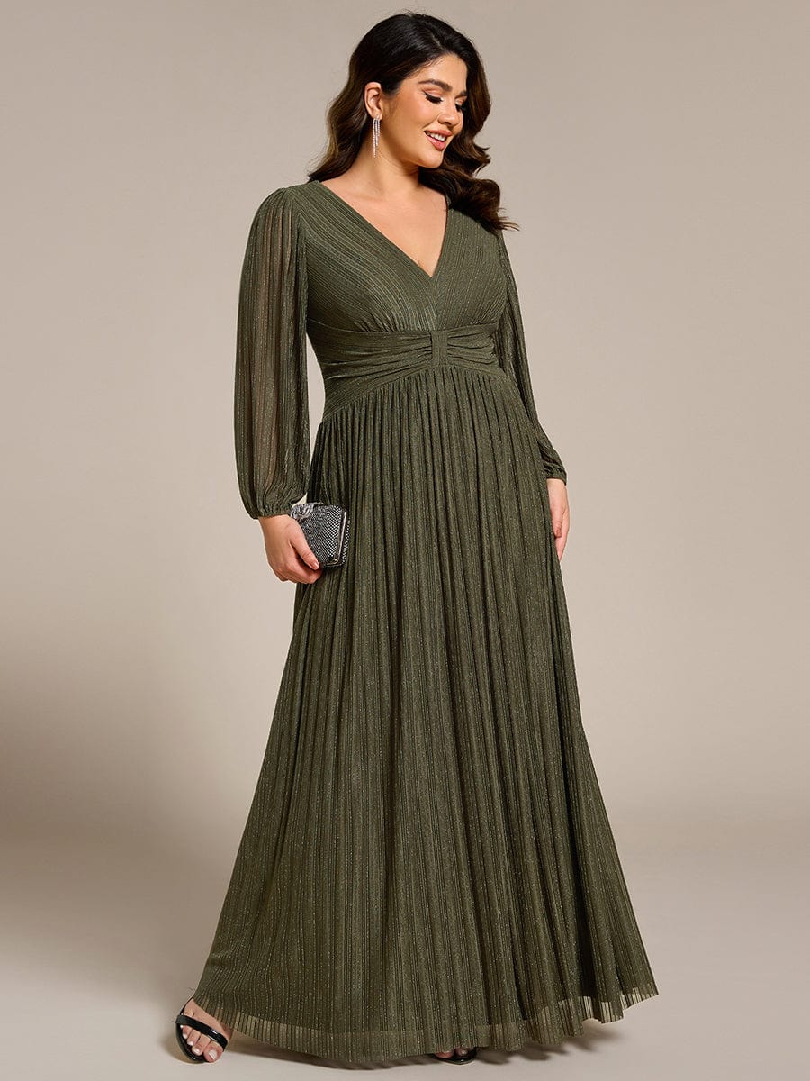 Sparkle Long Sleeve Formal Evening Dress with A-line Silhouette #color_Olive Green