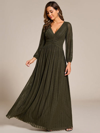 Sparkle Long Sleeve Formal Evening Dress with A-line Silhouette #color_Olive Green