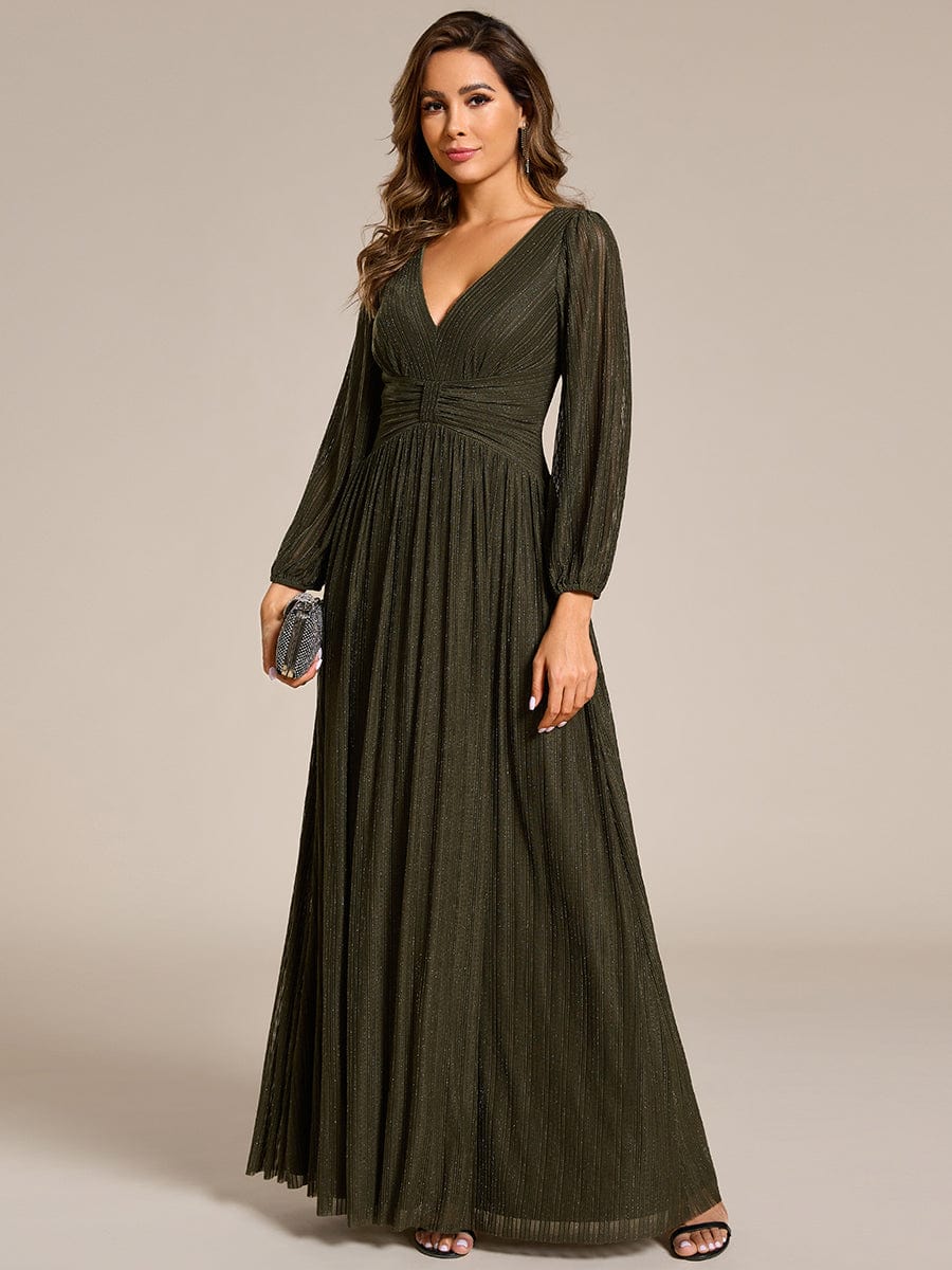 Sparkle Long Sleeve Formal Evening Dress with A-line Silhouette #color_Olive Green