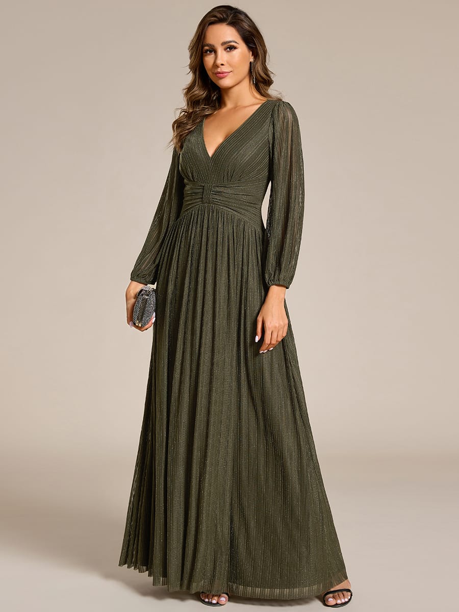 Sparkle Long Sleeve Wedding Guest Dress with A-line Silhouette #color_Olive Green