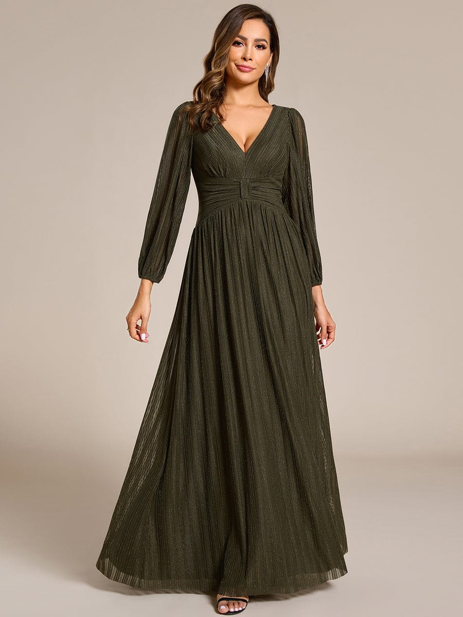 Sparkle Long Sleeve Formal Evening Dress with A-line Silhouette #color_Olive Green