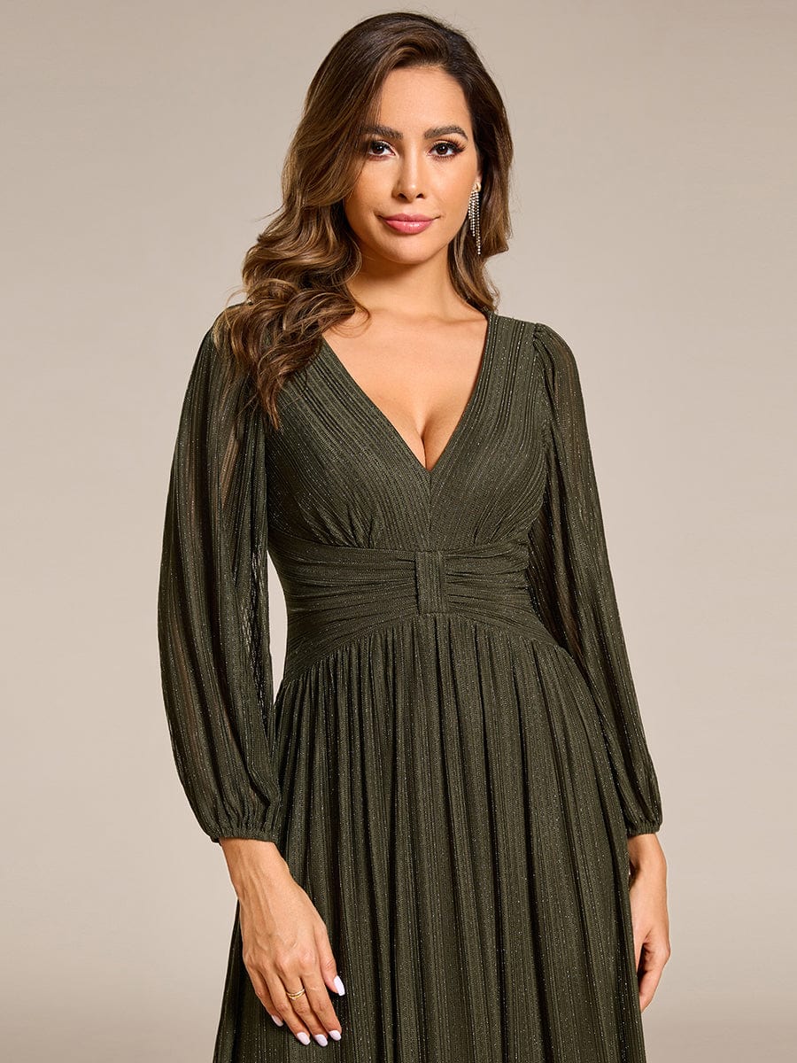 Sparkle Long Sleeve Formal Evening Dress with A-line Silhouette #color_Olive Green