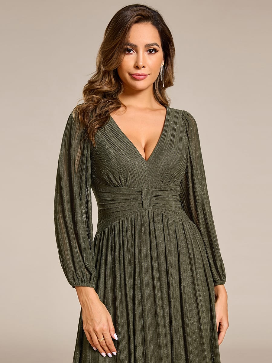 Sparkle Long Sleeve Wedding Guest Dress with A-line Silhouette #color_Olive Green