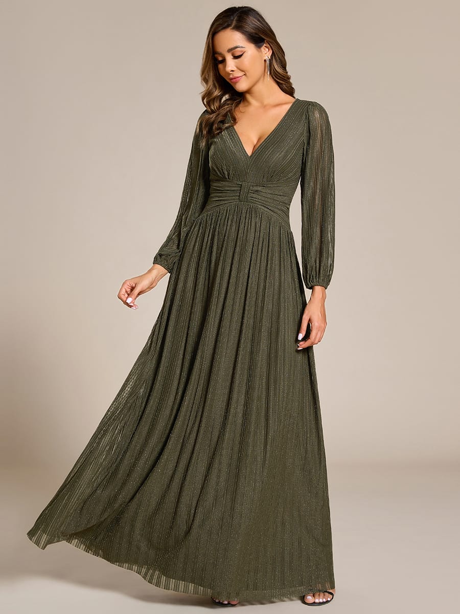 Sparkle Long Sleeve Wedding Guest Dress with A-line Silhouette #color_Olive Green