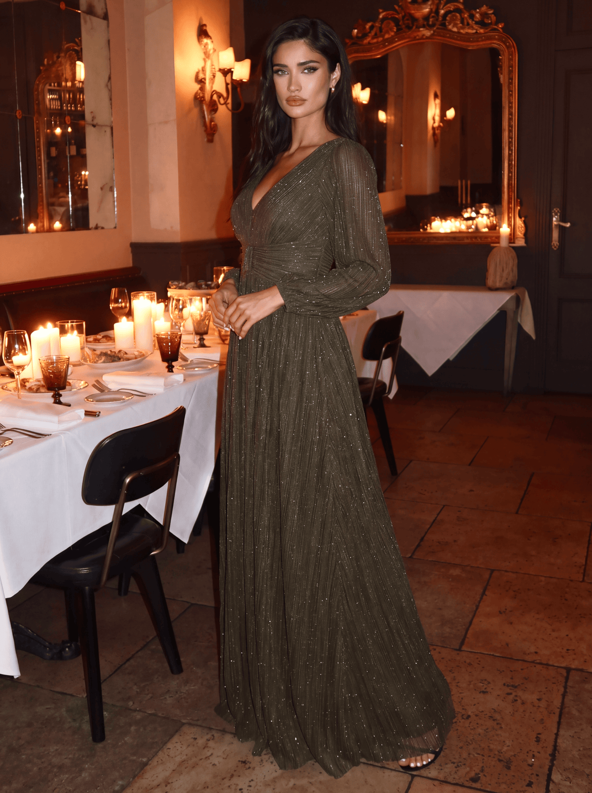 Sparkle Long Sleeve Formal Evening Dress with A-line Silhouette #color_Olive Green