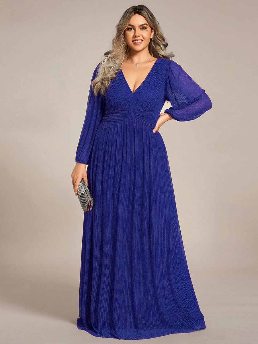 Sparkle Long Sleeve Formal Evening Dress with A-line Silhouette #color_Sapphire Blue
