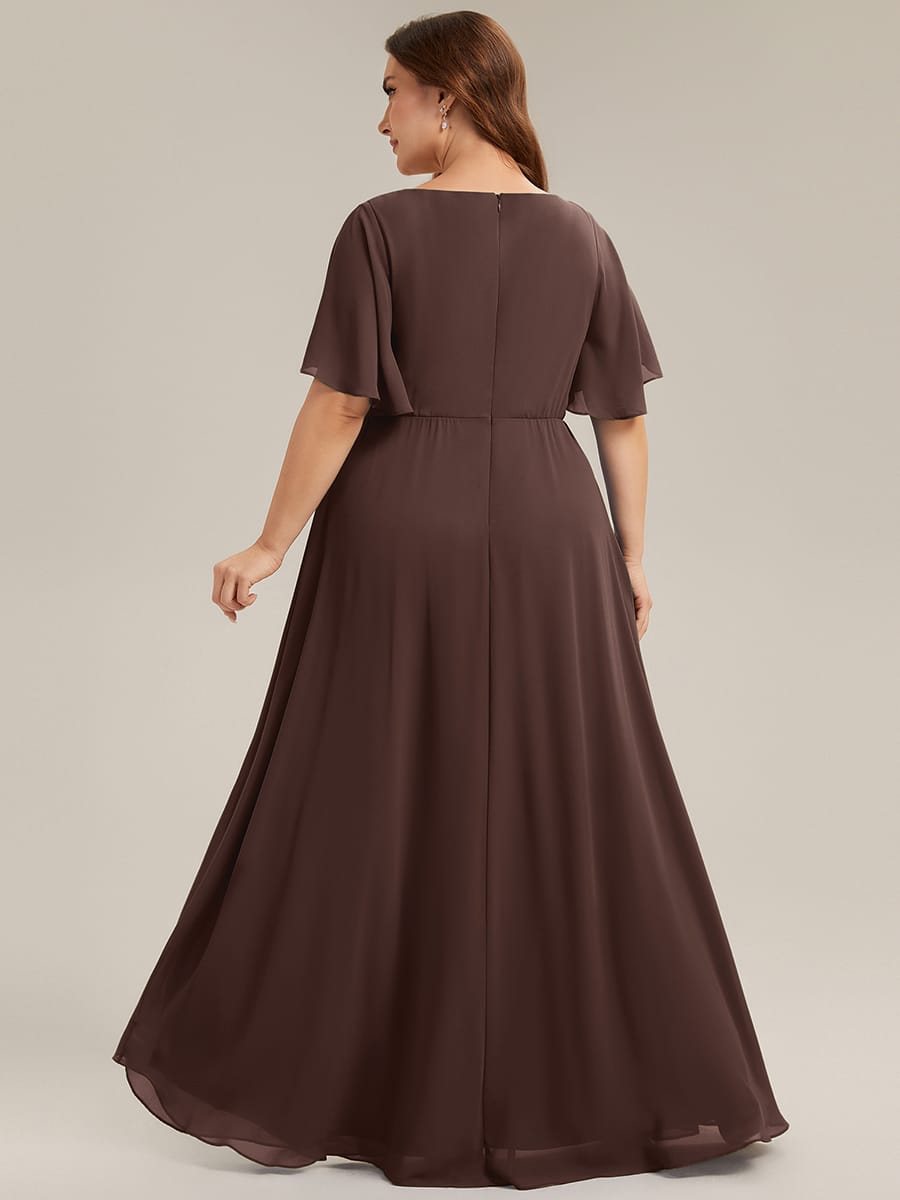 Elegant Chiffon Applique Evening Dress with Flutter Sleeves #color_Chocolate Brown