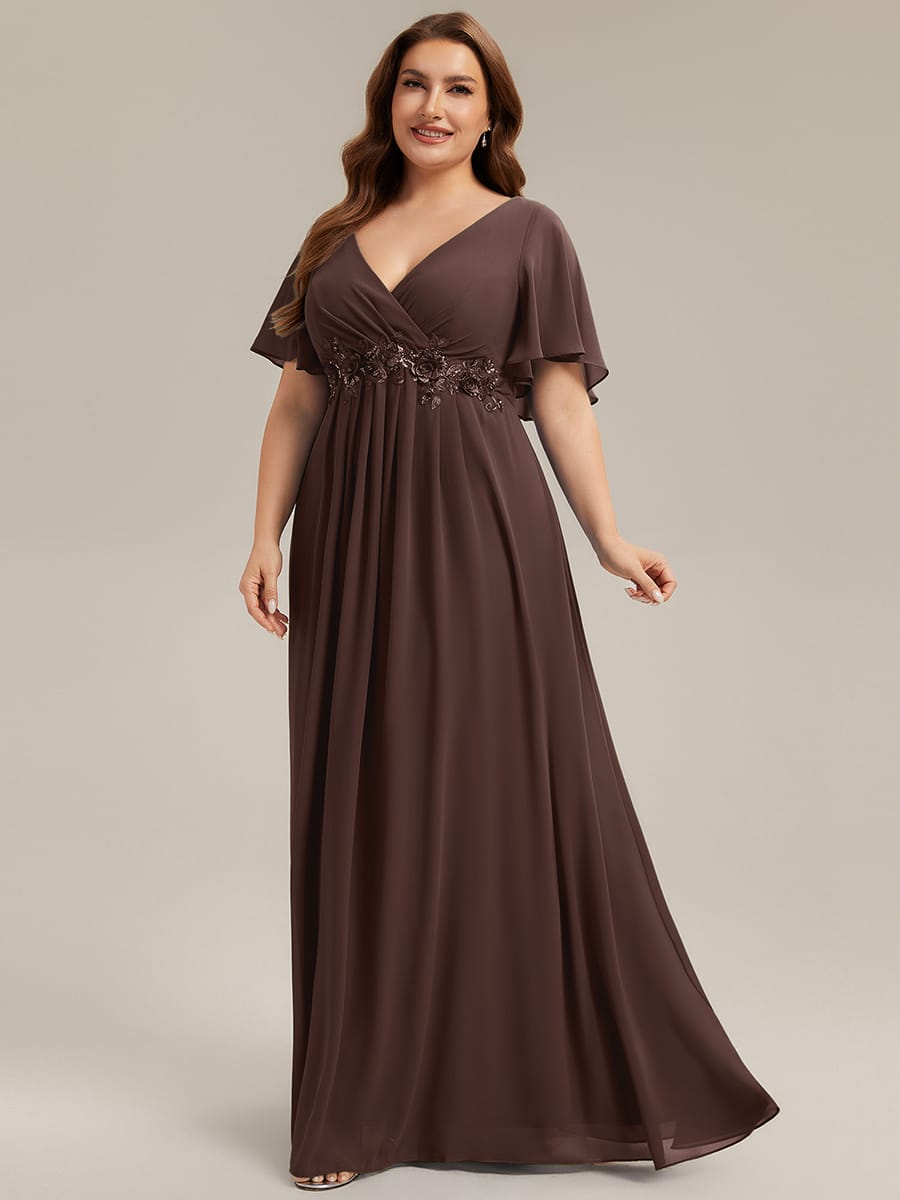 Elegant Chiffon Applique Evening Dress with Flutter Sleeves #color_Chocolate Brown