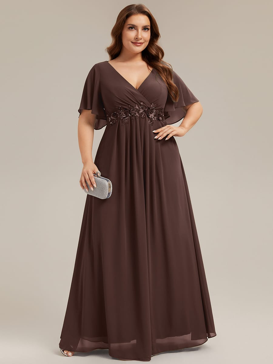 Elegant Chiffon Applique Evening Dress with Flutter Sleeves #color_Chocolate Brown