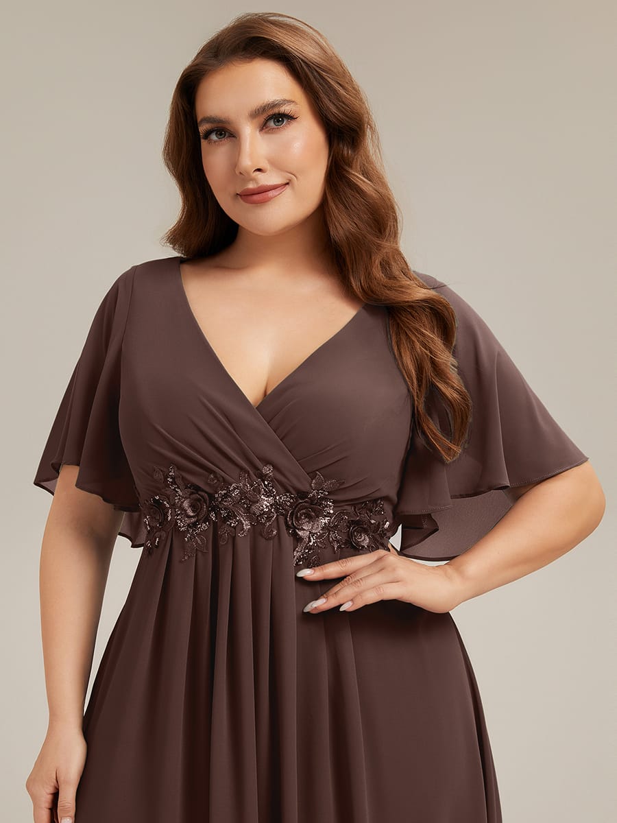 Elegant Chiffon Applique Evening Dress with Flutter Sleeves #color_Chocolate Brown