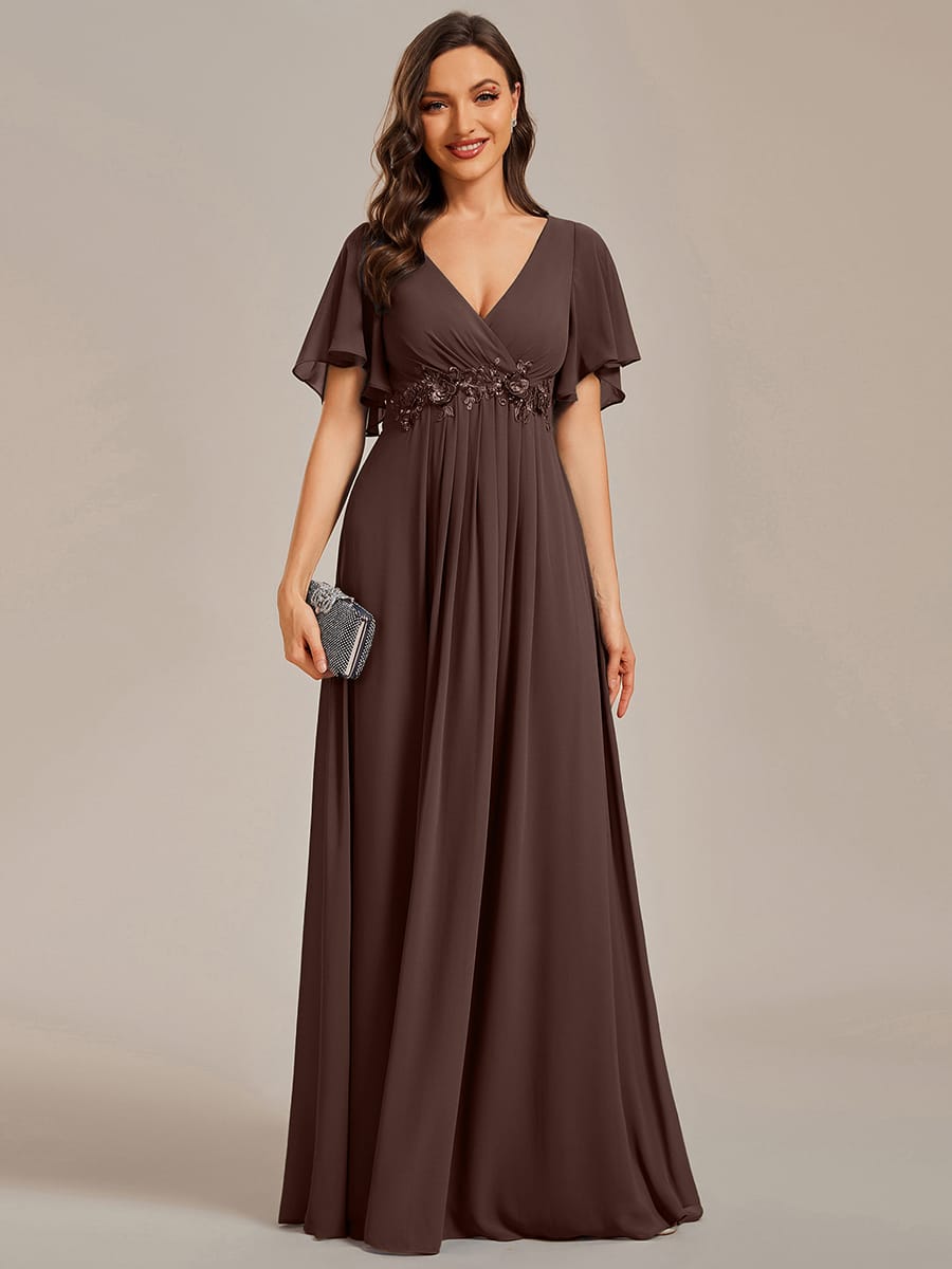 Elegant Chiffon Applique Evening Dress with Flutter Sleeves #color_Chocolate Brown