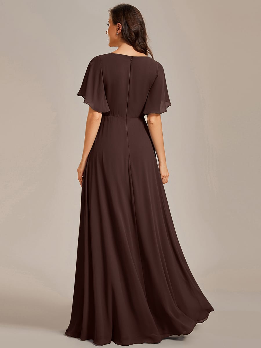 Elegant Chiffon Applique Evening Dress with Flutter Sleeves #color_Chocolate Brown