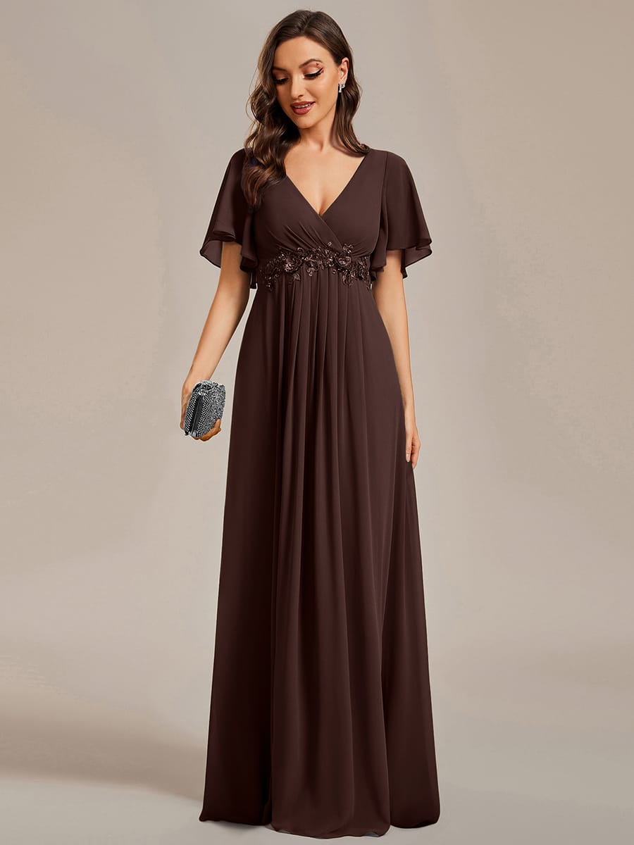 Elegant Chiffon Applique Evening Dress with Flutter Sleeves #color_Chocolate Brown