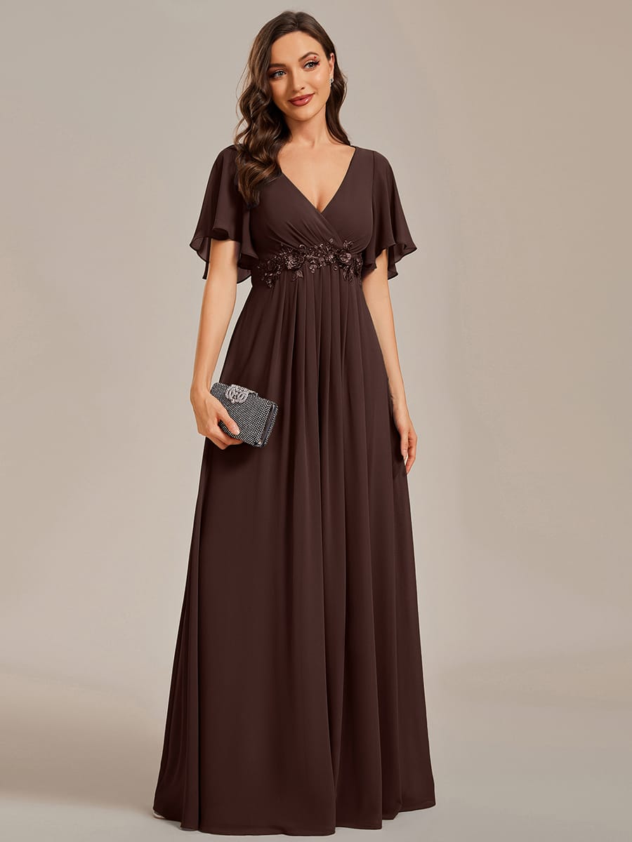 Elegant Chiffon Applique Evening Dress with Flutter Sleeves #color_Chocolate Brown