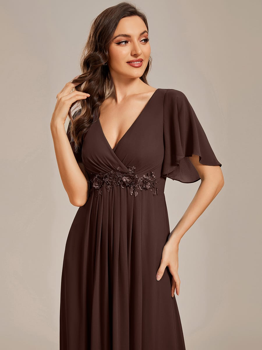 Elegant Chiffon Applique Evening Dress with Flutter Sleeves #color_Chocolate Brown