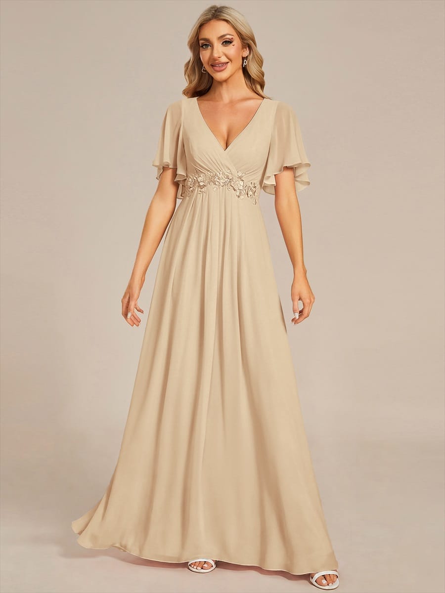 Elegant Chiffon Applique Evening Dress with Flutter Sleeves #color_Champagne