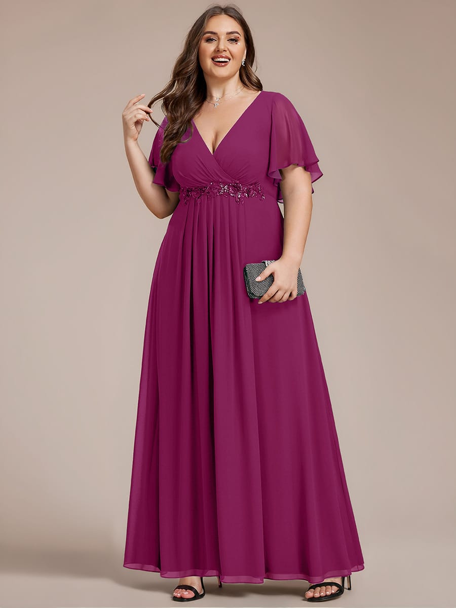 Plus Size Applique Short Sleeve A-Line Chiffon Evening Dress #color_Dusk Rose