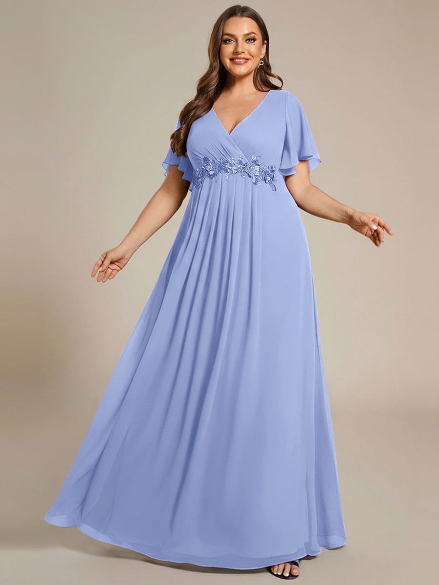 Elegant Chiffon Applique Evening Dress with Flutter Sleeves #color_Cornflower Blue