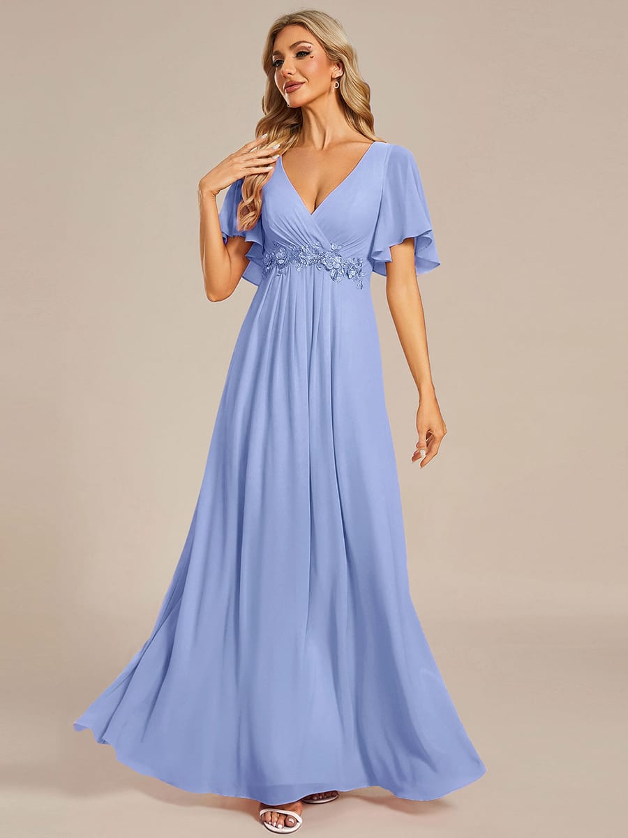 Elegant Chiffon Applique Evening Dress with Flutter Sleeves #color_Cornflower Blue