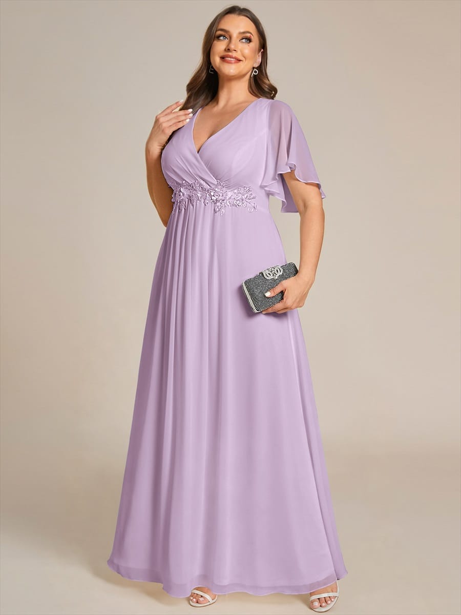 Elegant Chiffon Applique Evening Dress with Flutter Sleeves #color_Frosted Lilac