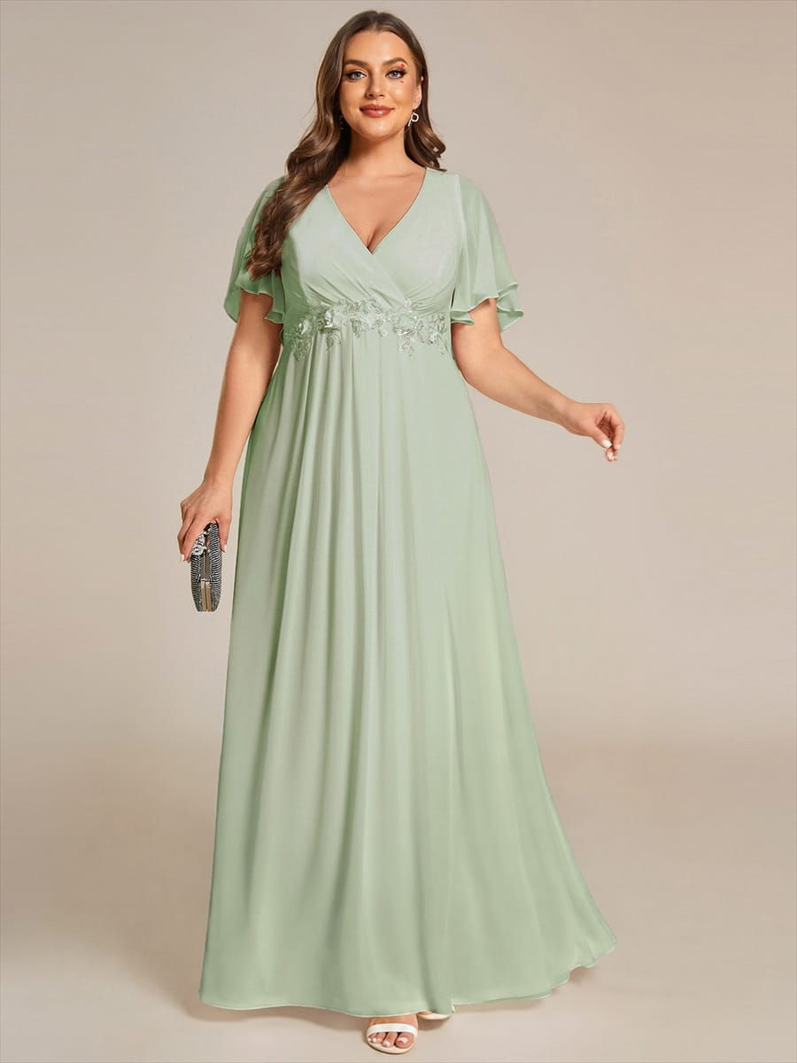 Elegant Chiffon Applique Evening Dress with Flutter Sleeves #color_Mint Green