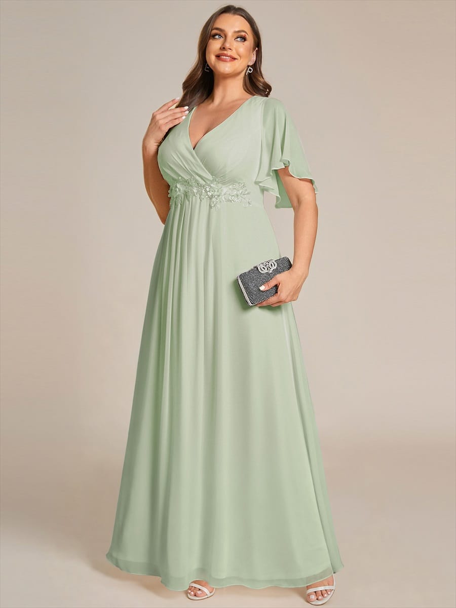 Elegant Chiffon Applique Evening Dress with Flutter Sleeves #color_Mint Green
