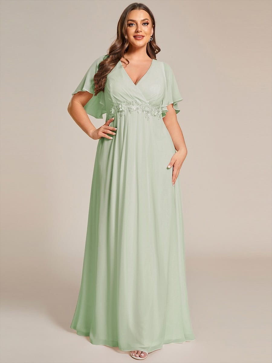 Elegant Chiffon Applique Evening Dress with Flutter Sleeves #color_Mint Green