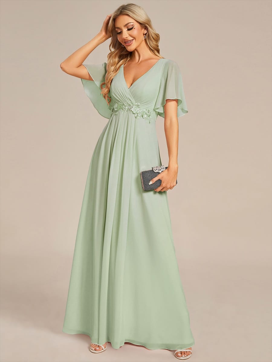 Elegant Chiffon Applique Evening Dress with Flutter Sleeves #color_Mint Green