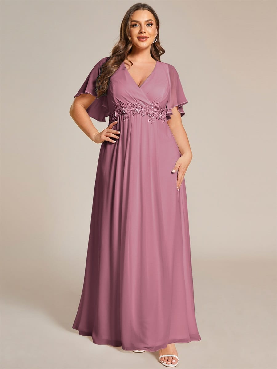 Elegant Chiffon Applique Evening Dress with Flutter Sleeves #color_Purple Orchid