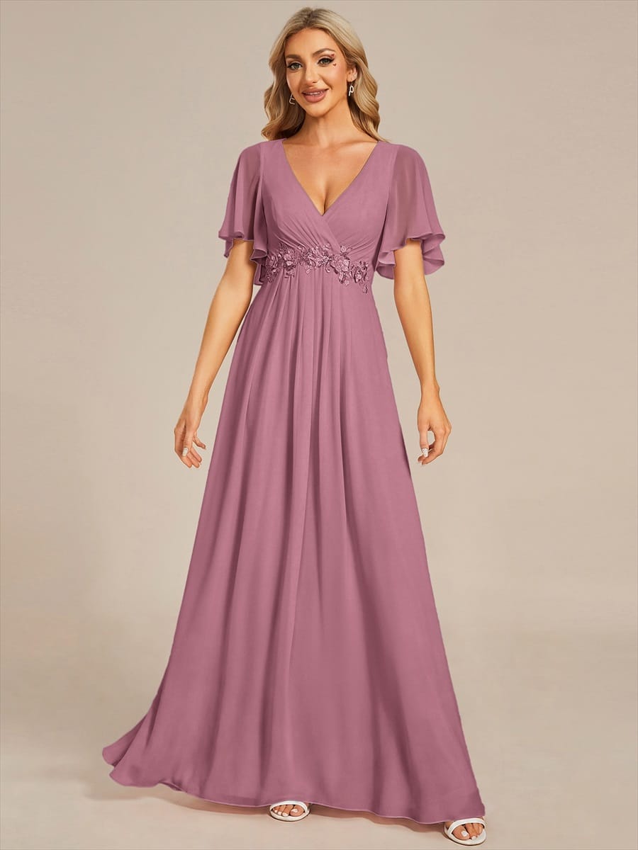 Elegant Chiffon Applique Evening Dress with Flutter Sleeves #color_Purple Orchid