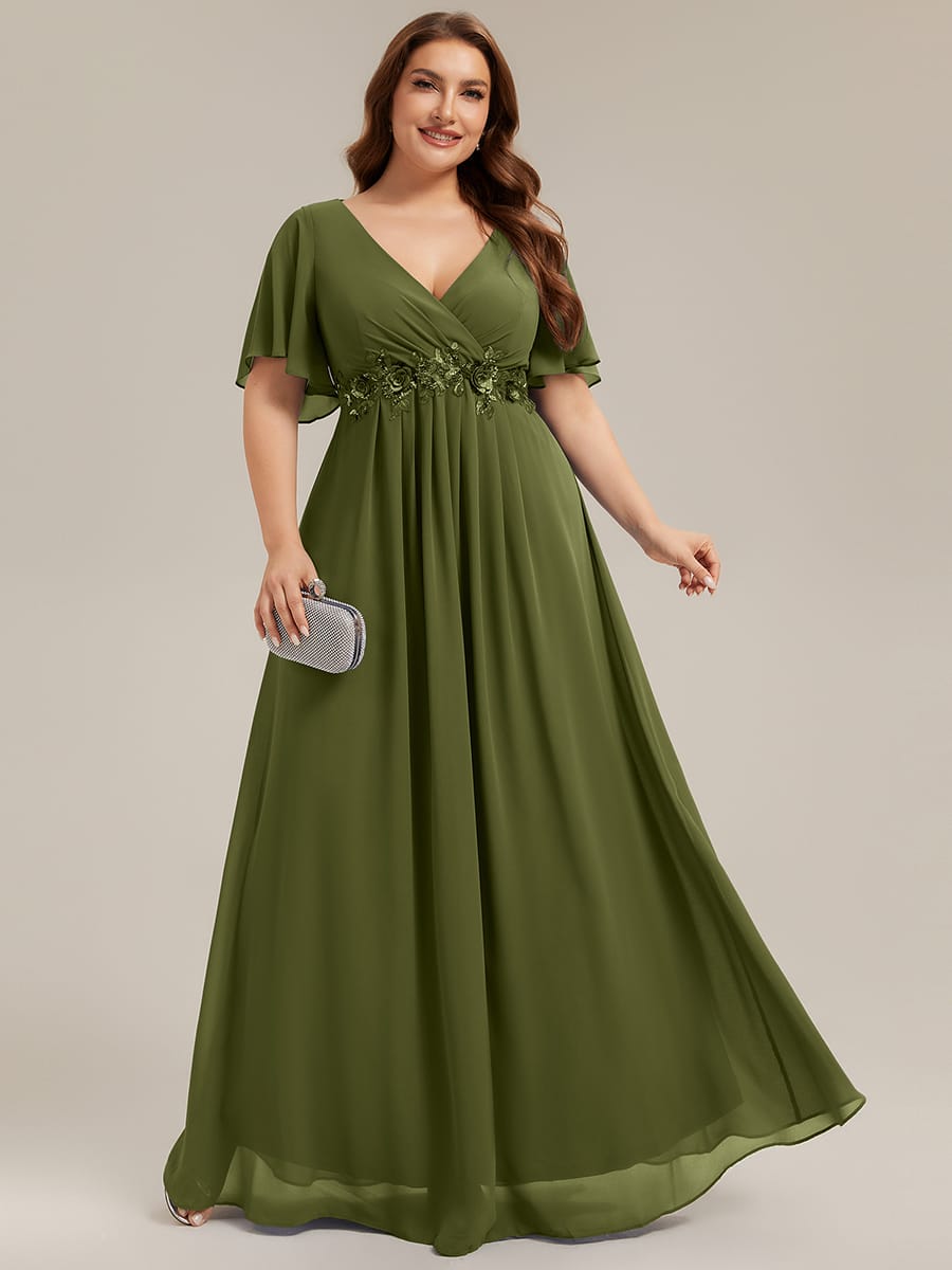 Elegant Chiffon Applique Evening Dress with Flutter Sleeves #color_Olive Green