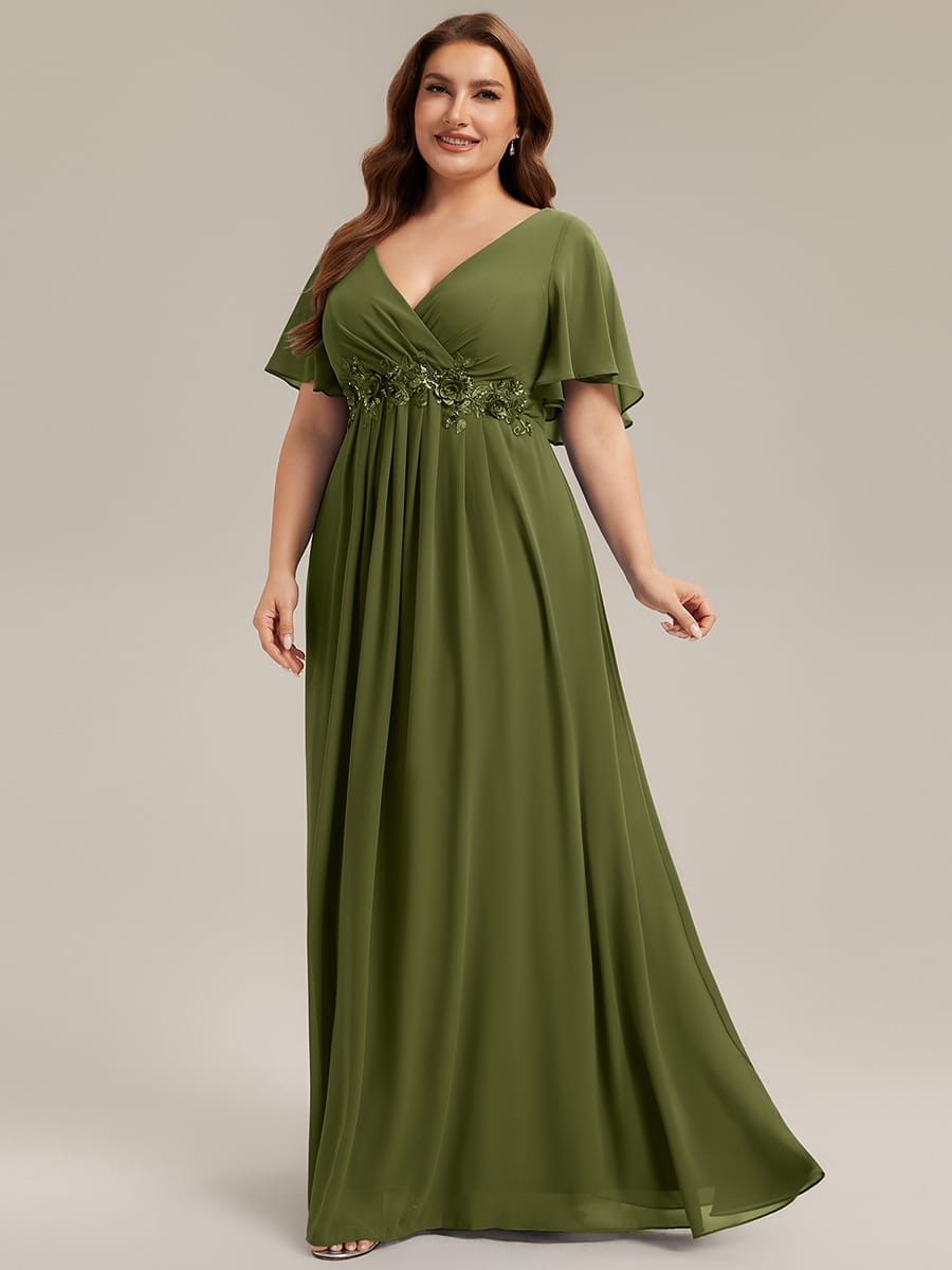 Elegant Chiffon Applique Evening Dress with Flutter Sleeves #color_Olive Green