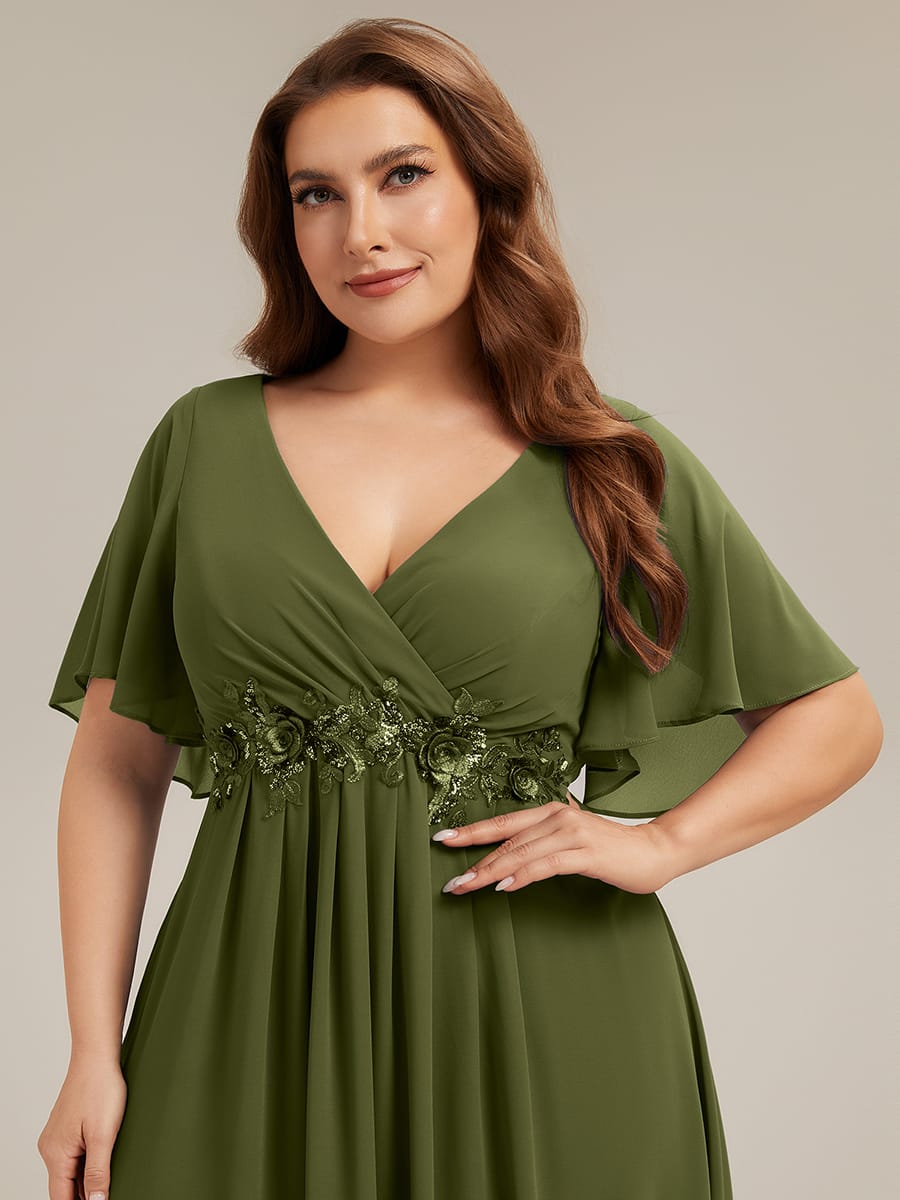 Elegant Chiffon Applique Evening Dress with Flutter Sleeves #color_Olive Green