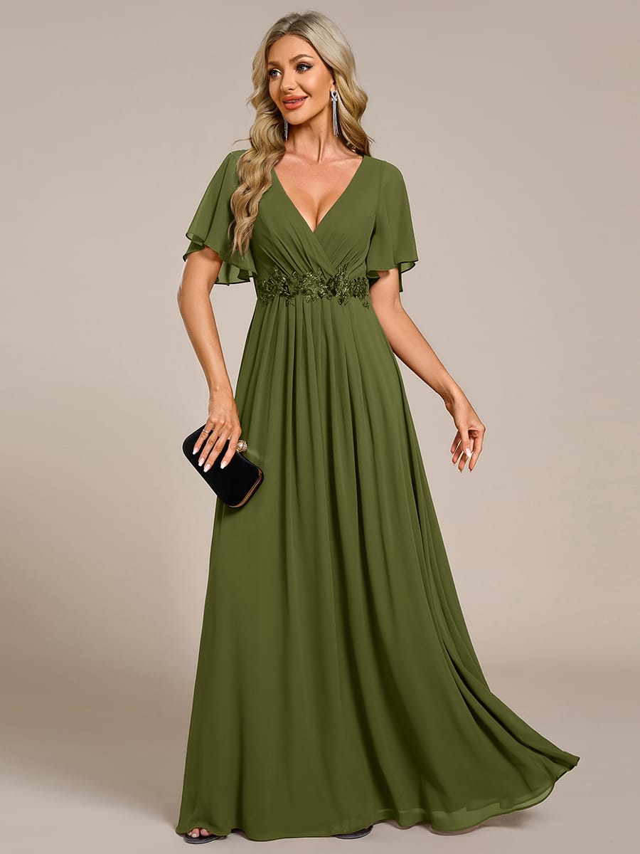 Elegant Chiffon Applique Evening Dress with Flutter Sleeves #color_Olive Green