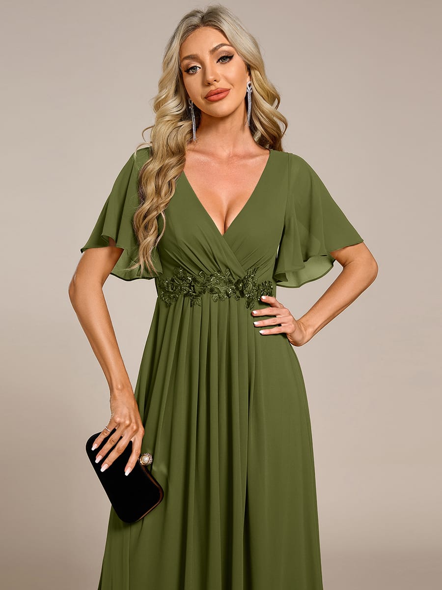 Elegant Chiffon Applique Evening Dress with Flutter Sleeves #color_Olive Green
