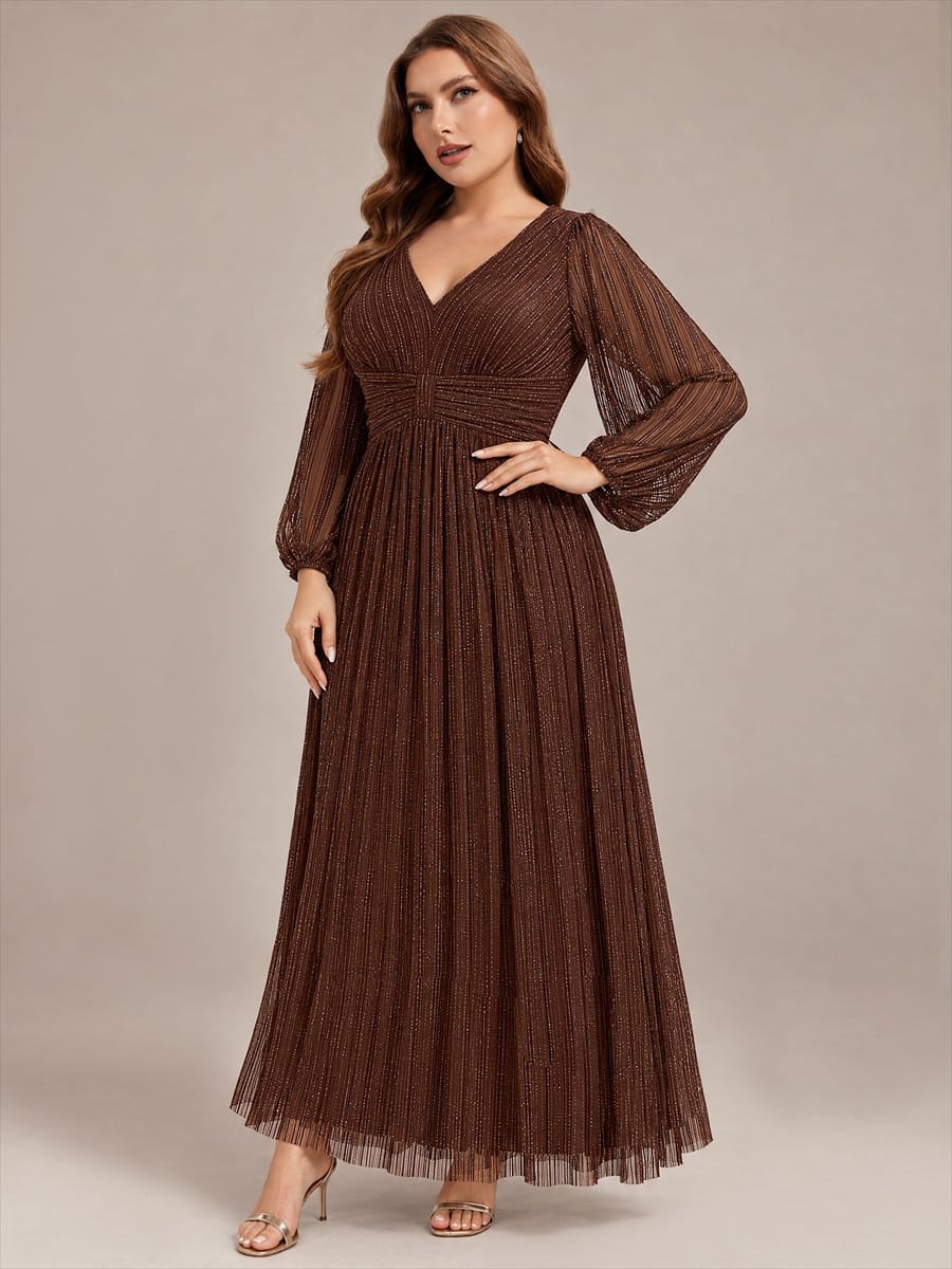 Sparkle Long Sleeve Wedding Guest Dress with A-line Silhouette #color_Chocolate brown