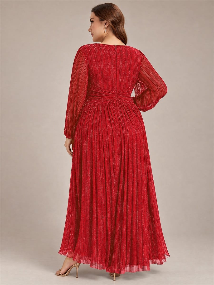 Sparkle Long Sleeve Formal Evening Dress with A-line Silhouette #color_Red