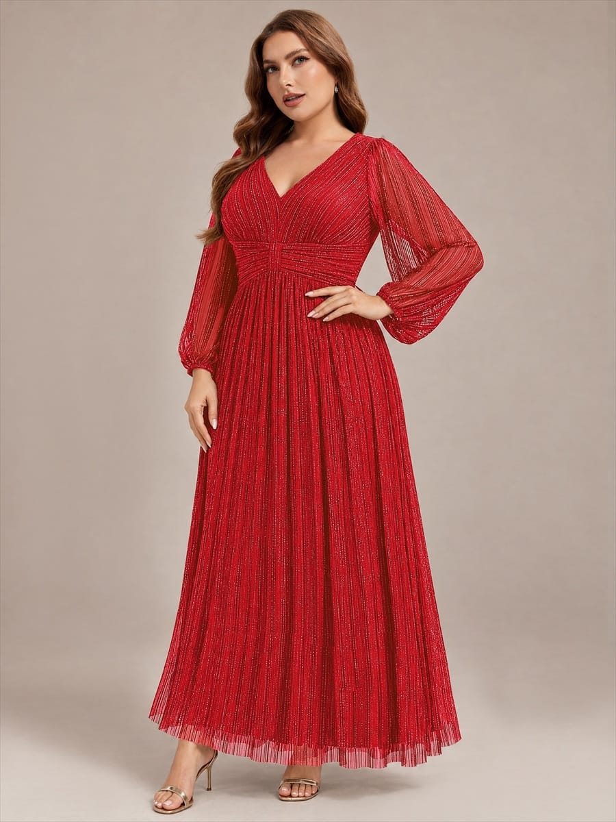 Sparkle Long Sleeve Formal Evening Dress with A-line Silhouette #color_Red
