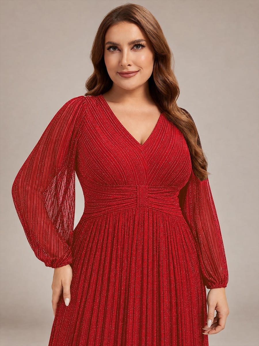 Sparkle Long Sleeve Wedding Guest Dress with A-line Silhouette #color_Red