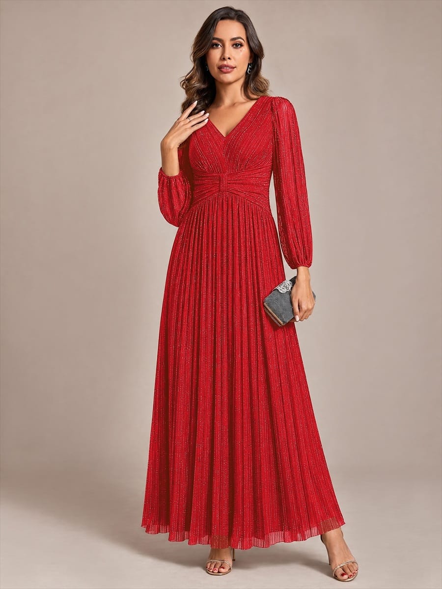 Sparkle Long Sleeve Wedding Guest Dress with A-line Silhouette #color_Red