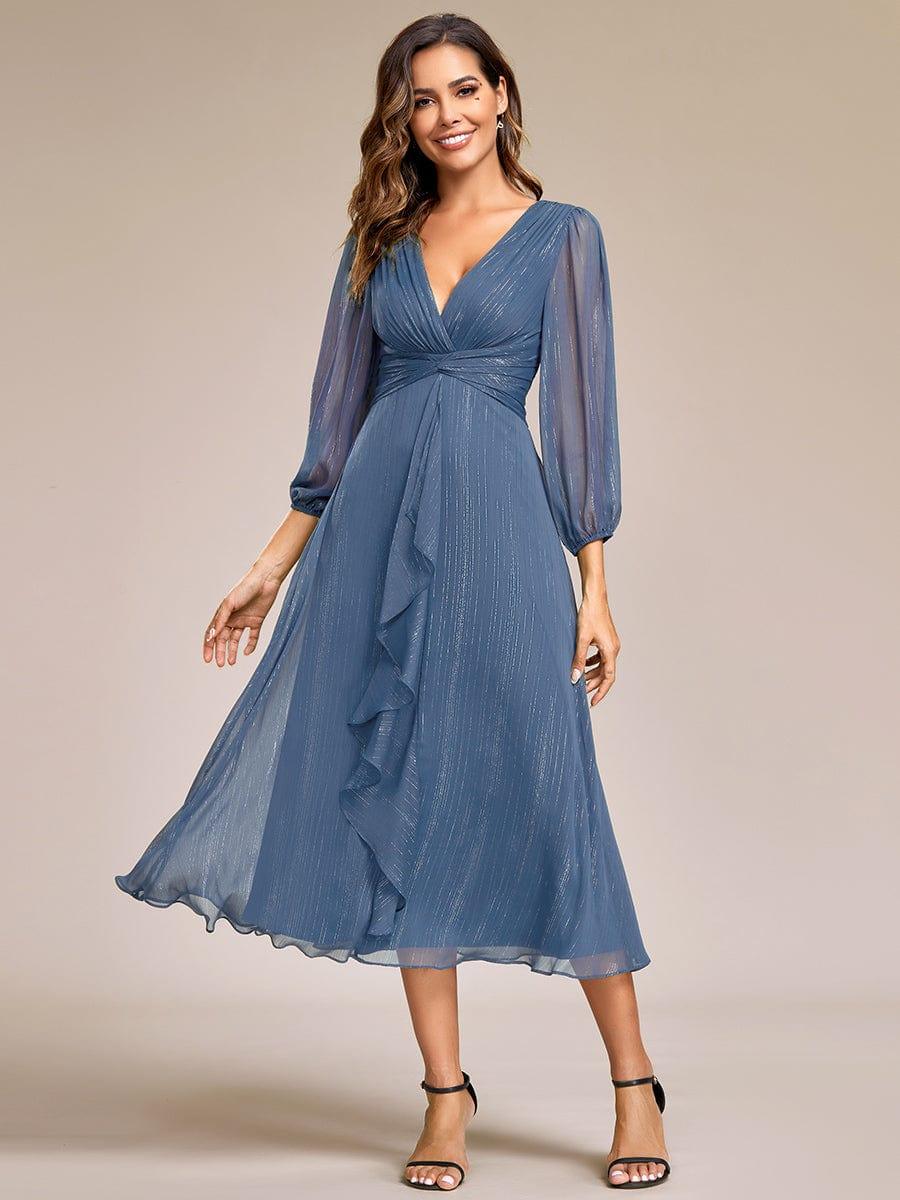 Shimmering Long Sleeve V-Neck Chiffon Twist Knot A-Line Evening Dress #color_Dusty Blue