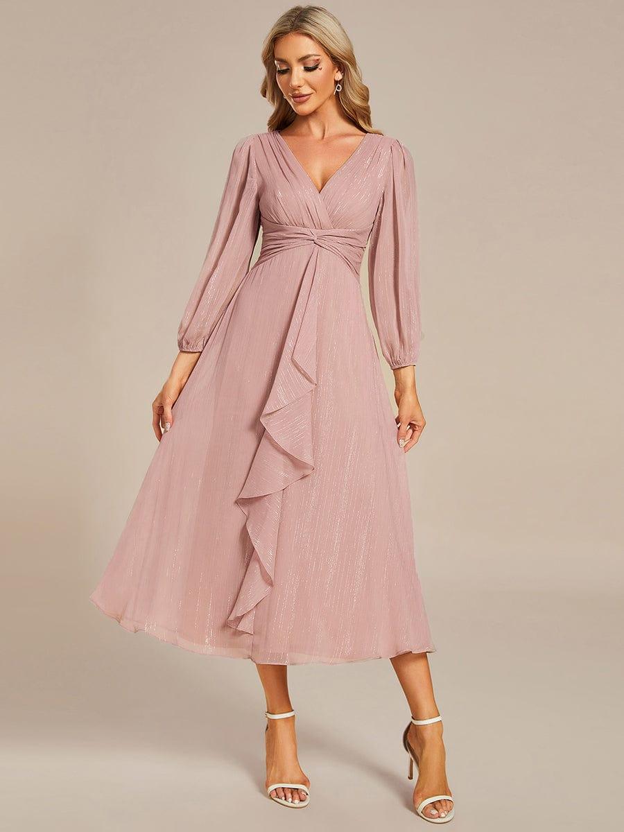 Shimmering Long Sleeve V-Neck Chiffon Twist Knot A-Line Evening Dress #color_Dusty Rose